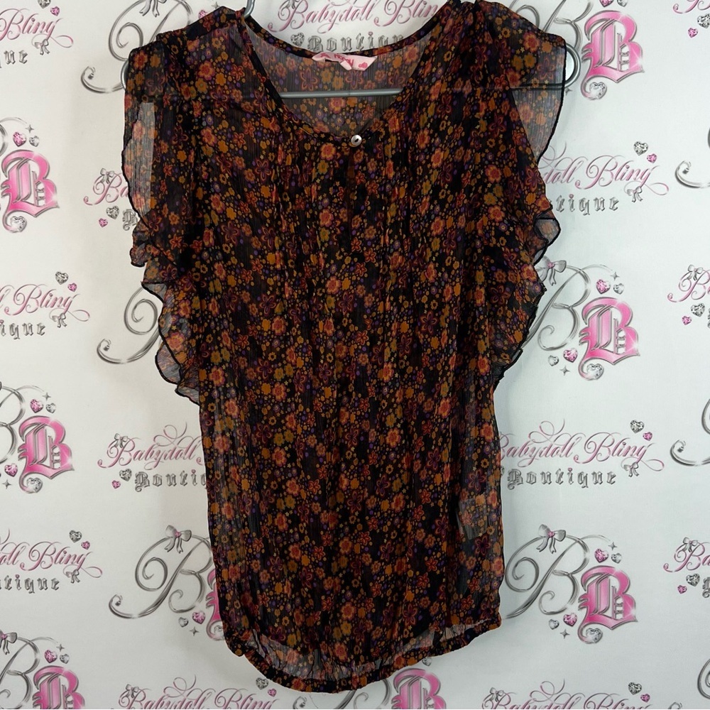 Honey shirt blouse floral flowers orange black Ruffle Sleeve Top fairy style